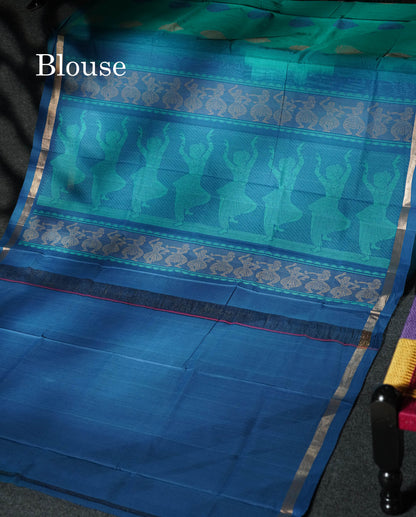 Beautiful Sapphire Green Thread Work Butta Handloom Pure Cotton Saree With Contrast Blue Blouse