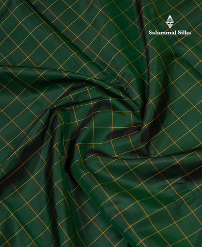 Beautiful Bottle Green Checks Pure Kanjivaram Silk Saree With Contrast Mustard Yellow Traditional Border