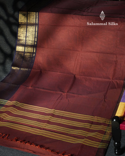 Beautiful Rust Orange Plain Pure Chettinad Cotton Saree With Contrast Dark Brown Traditional Evening Morning Border