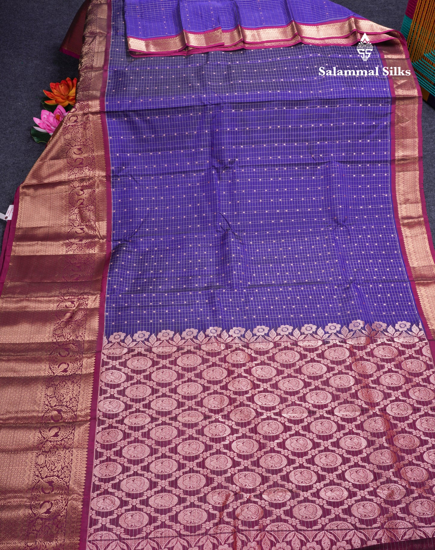 Violet Samll Checks Pure Silk Mix Saree With Contrast Magenta Long Border