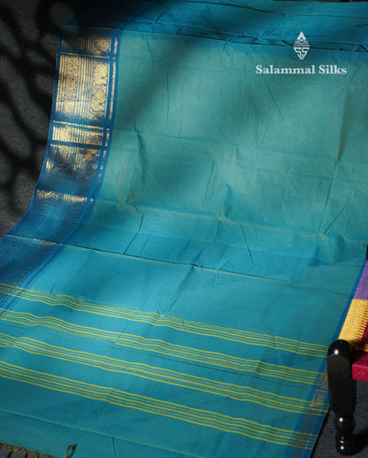 Beautiful Blue Shade Plain Pure Chettinad Cotton Saree With Contrast Peacock Blue Traditional Evening Morning Border