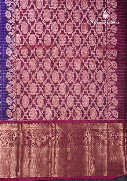 Violet Samll Checks Pure Silk Mix Saree With Contrast Magenta Long Border