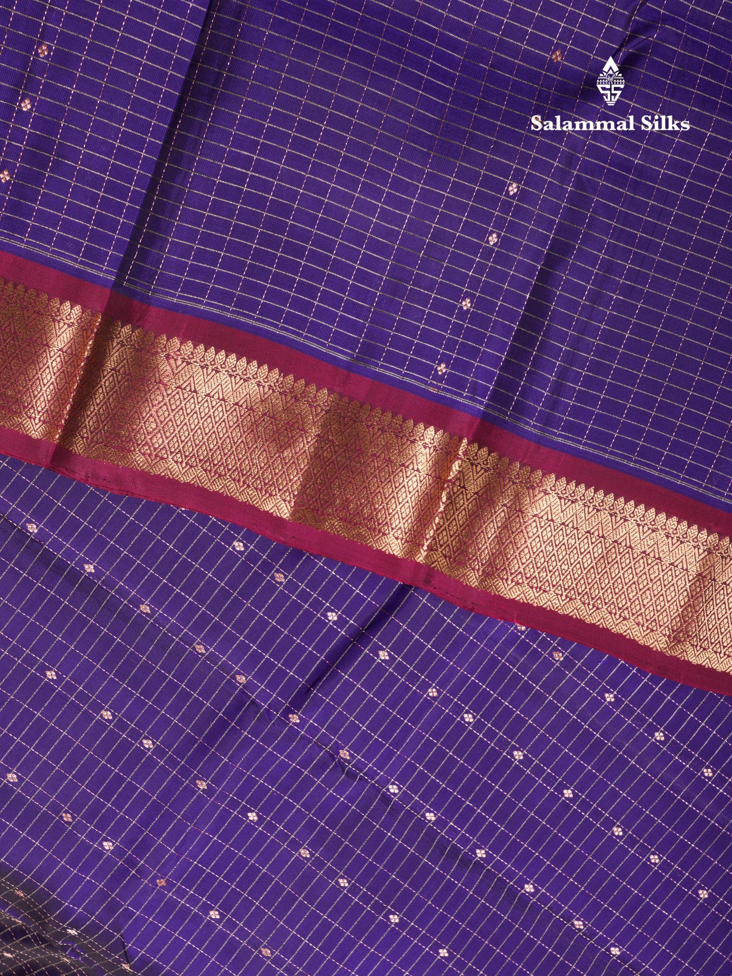 Violet Samll Checks Pure Silk Mix Saree With Contrast Magenta Long Border