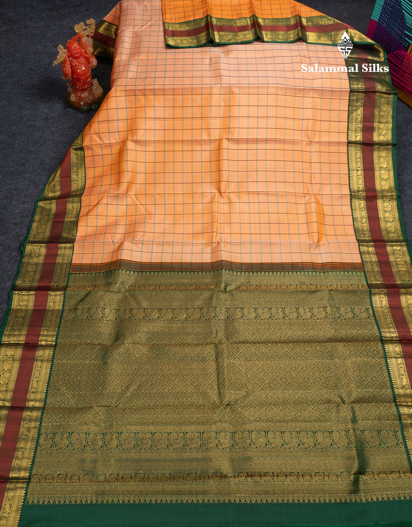 Beautiful Peach Checks Pure Kanjivaram Silk Saree With Contrast Bottle Green Traditional Double Border