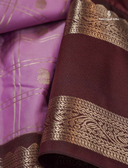 Semi Silk Saree - Light Lavender Mango Butta With Checks Along With Contrast Dark Brown Traditional Gap Border