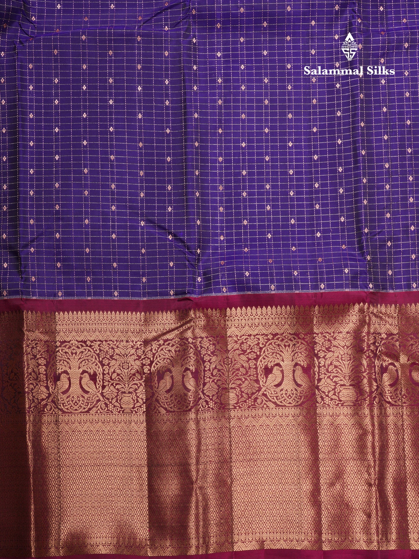 Violet Samll Checks Pure Silk Mix Saree With Contrast Magenta Long Border