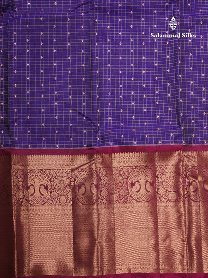 Violet Samll Checks Pure Silk Mix Saree With Contrast Magenta Long Border