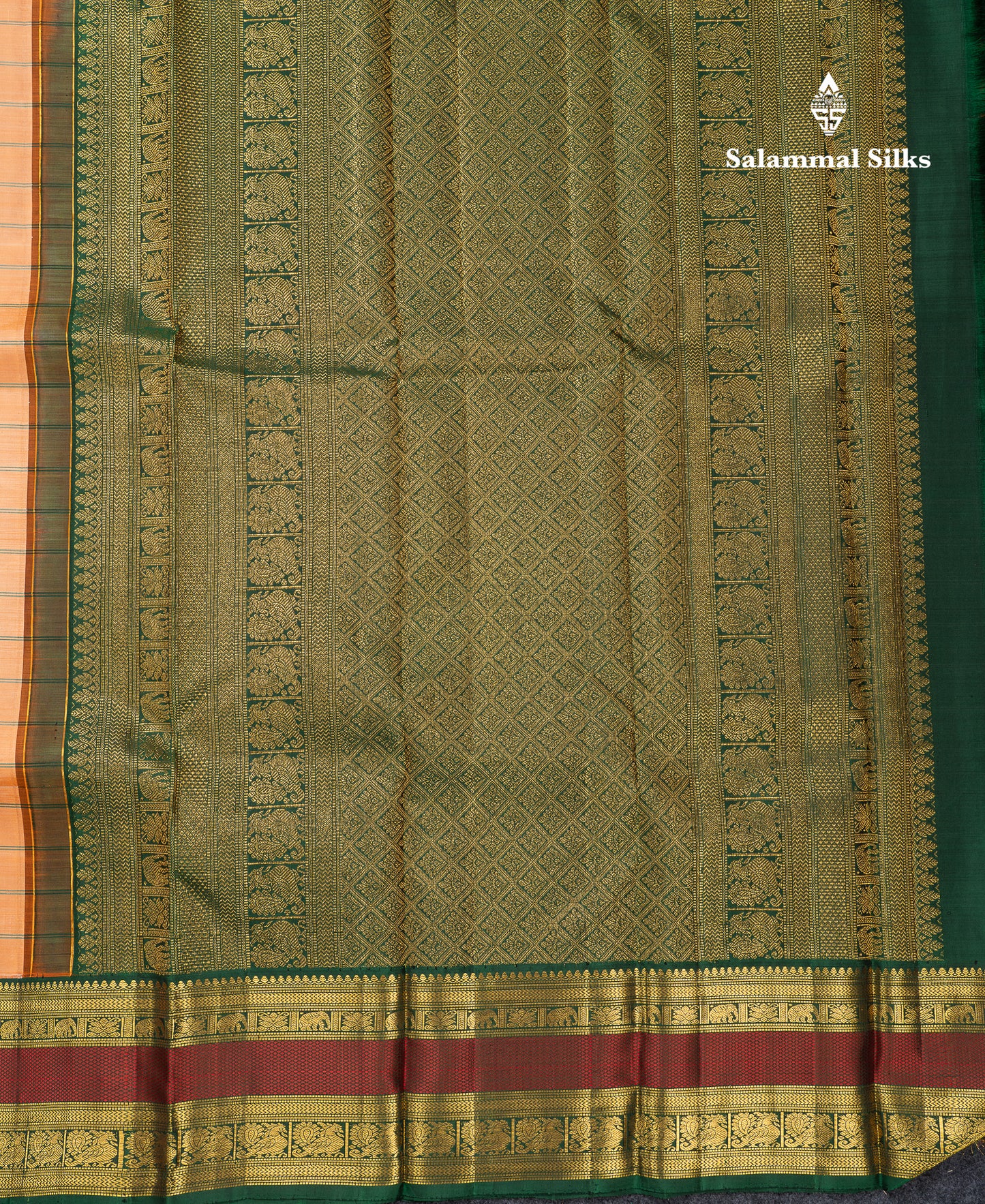 Beautiful Peach Checks Pure Kanjivaram Silk Saree With Contrast Bottle Green Traditional Double Border