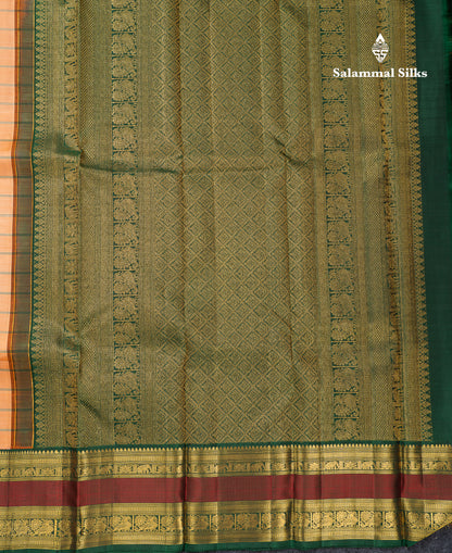 Beautiful Peach Checks Pure Kanjivaram Silk Saree With Contrast Bottle Green Traditional Double Border