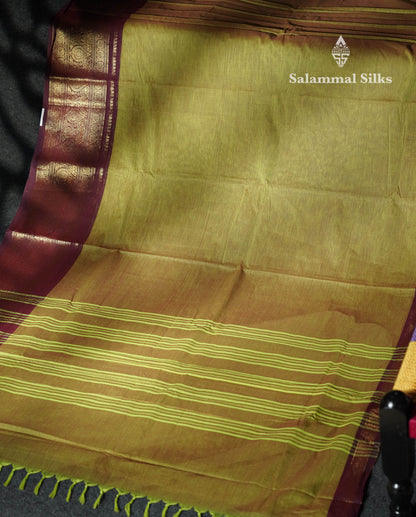 Beautiful Mehandi Green Plain Pure Chettinad Cotton Saree With Contrast Maroon Traditional Evening Morning Border