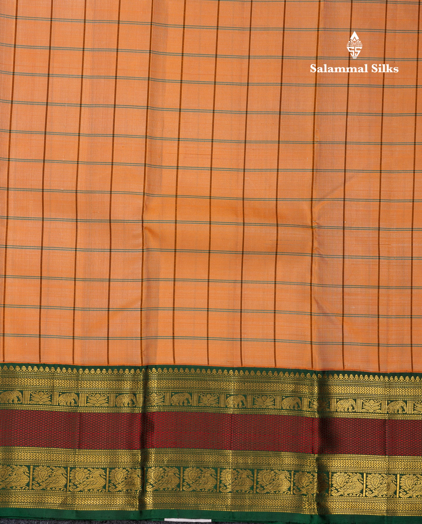 Beautiful Peach Checks Pure Kanjivaram Silk Saree With Contrast Bottle Green Traditional Double Border