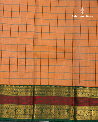 Beautiful Peach Checks Pure Kanjivaram Silk Saree With Contrast Bottle Green Traditional Double Border