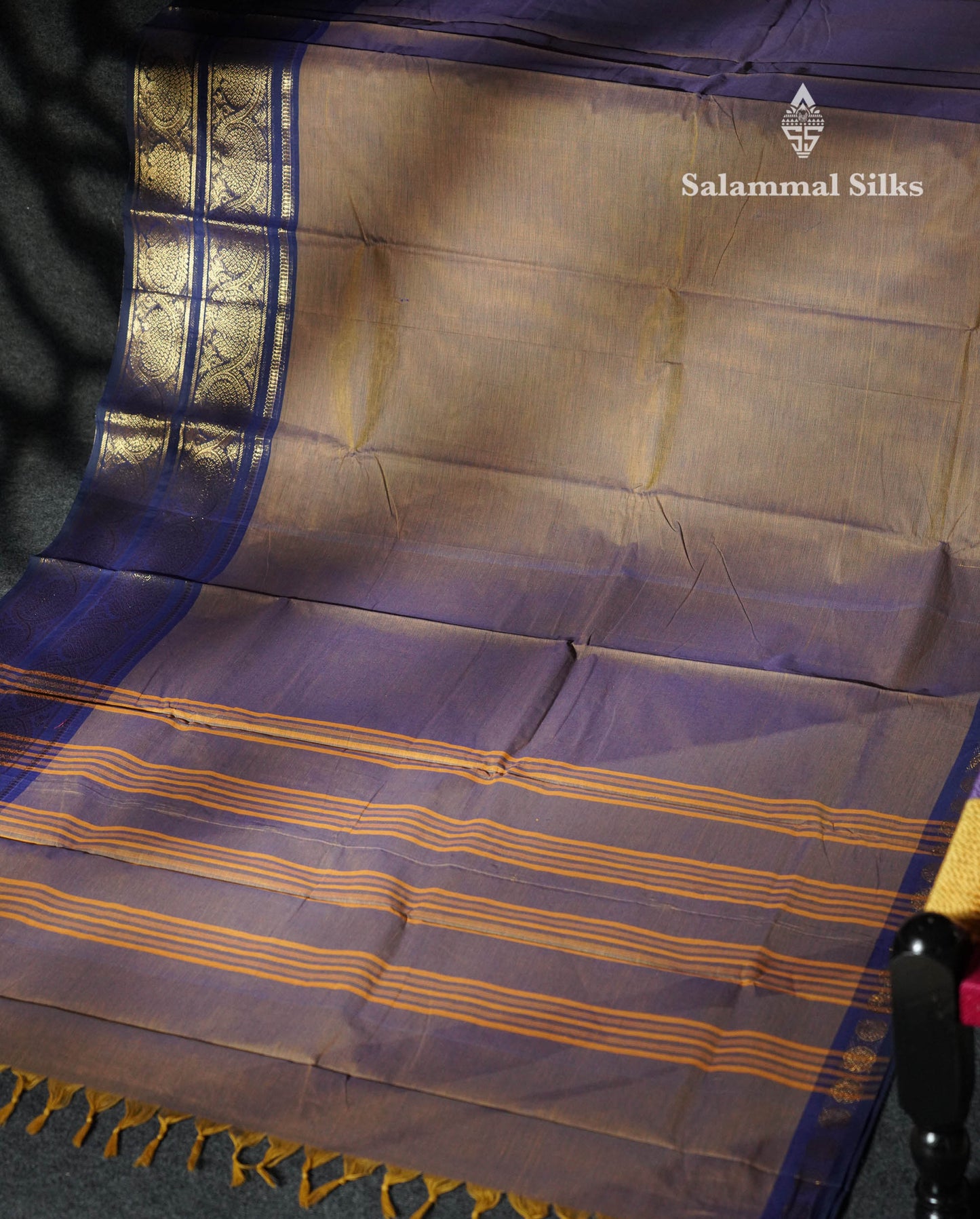 Beautiful Olive Mustard Yellow Plain Pure Chettinad Cotton Saree With Contrast Navy Blue Traditional Evening Morning Border