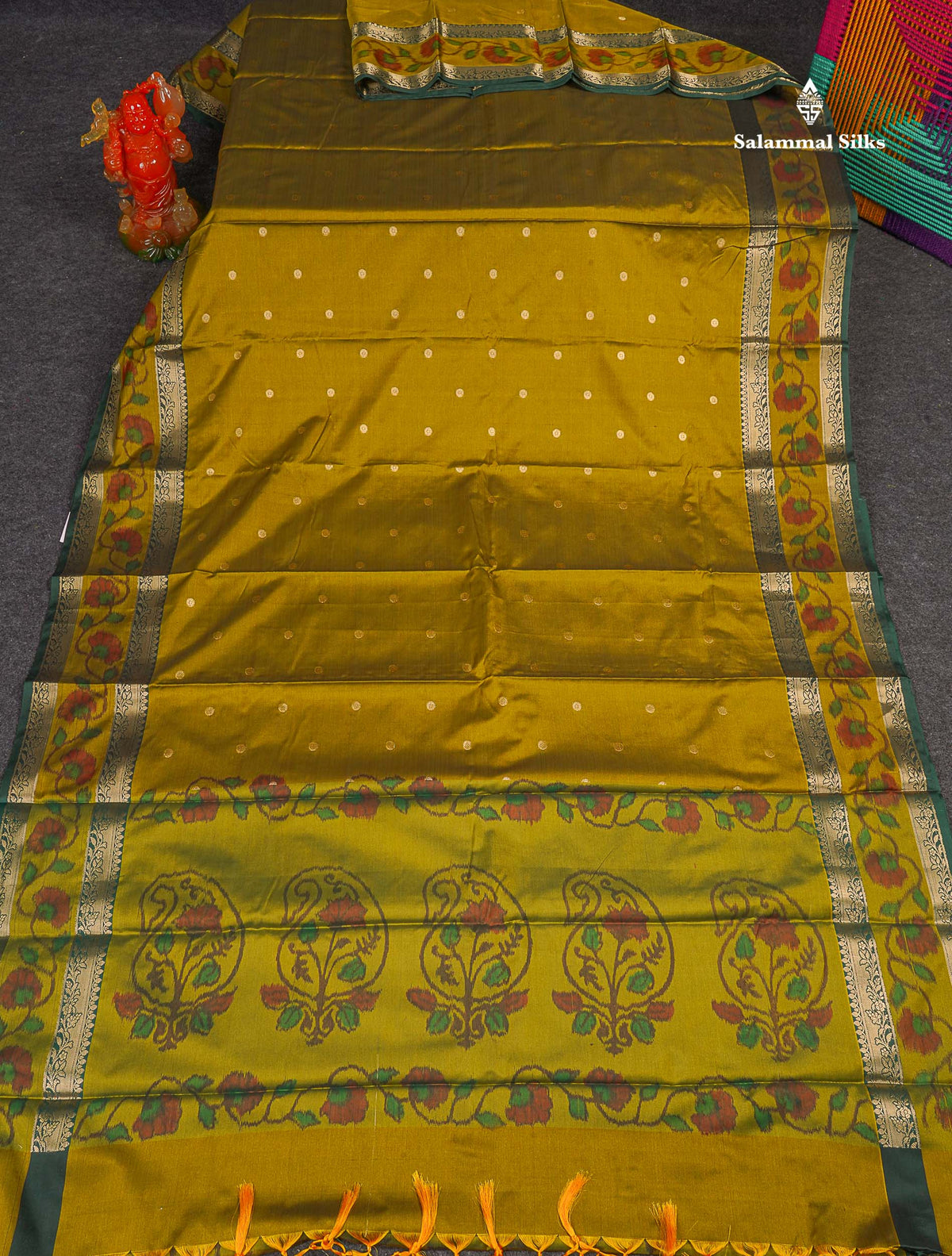Semi Silk Saree - Olive Green Colour Body Zari Butta With Pochampally Fancy Border