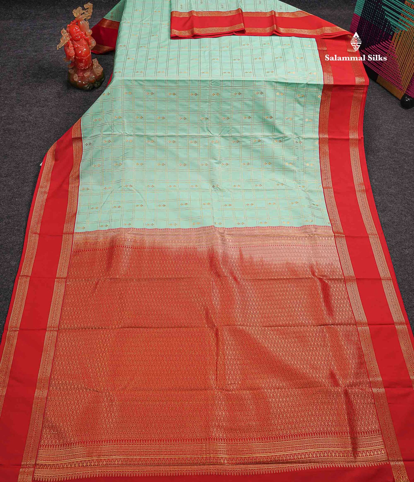 Semi Silk Saree - Peacock Blue Butta With Checks Along With Contrast Chilly Red Traditional Gap Border