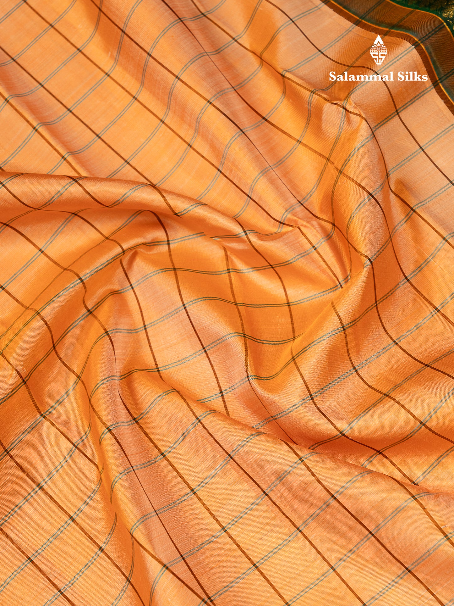 Beautiful Peach Checks Pure Kanjivaram Silk Saree With Contrast Bottle Green Traditional Double Border
