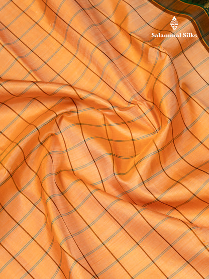 Beautiful Peach Checks Pure Kanjivaram Silk Saree With Contrast Bottle Green Traditional Double Border