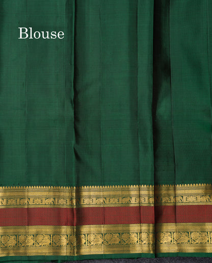 Beautiful Peach Checks Pure Kanjivaram Silk Saree With Contrast Bottle Green Traditional Double Border