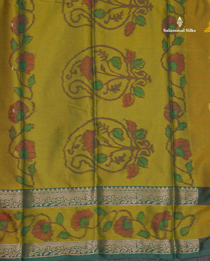 Semi Silk Saree - Olive Green Colour Body Zari Butta With Pochampally Fancy Border