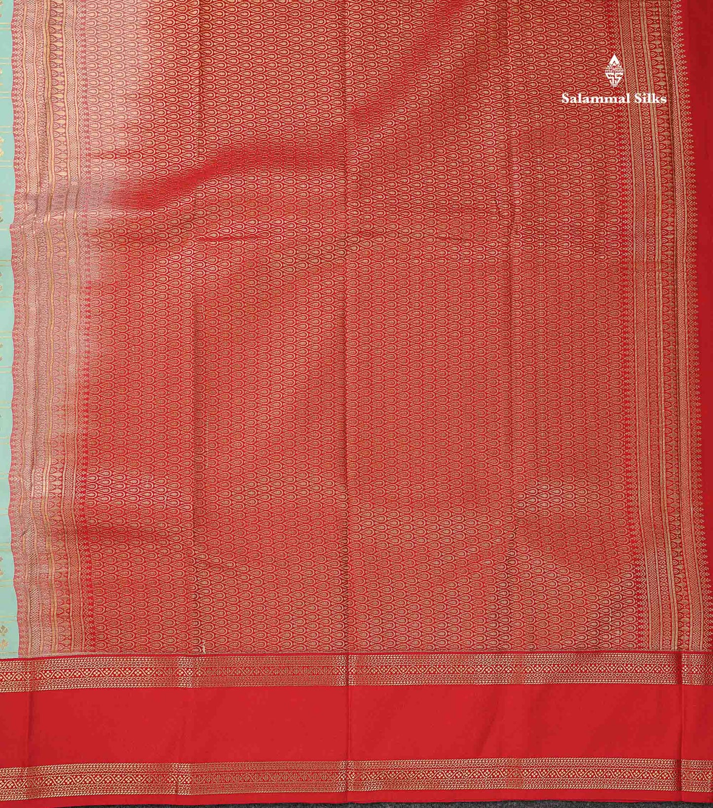 Semi Silk Saree - Peacock Blue Butta With Checks Along With Contrast Chilly Red Traditional Gap Border