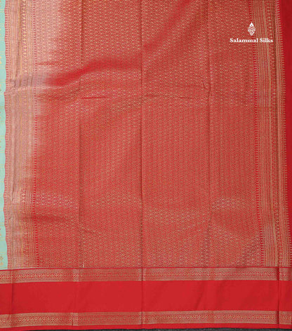 Semi Silk Saree - Peacock Blue Butta With Checks Along With Contrast Chilly Red Traditional Gap Border