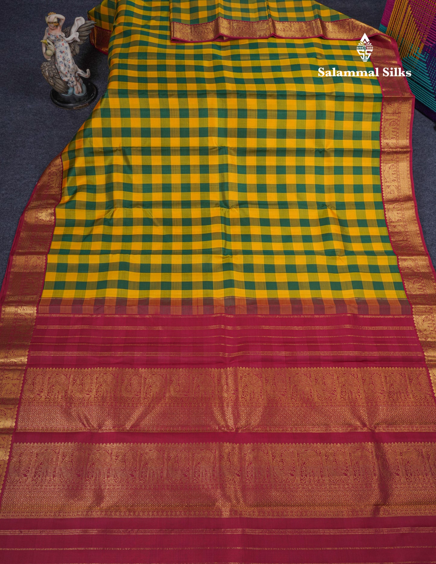 Paalum Pazham Checks Pure Kanjivaram Silk Saree With Contrast Maroon Traditional Border