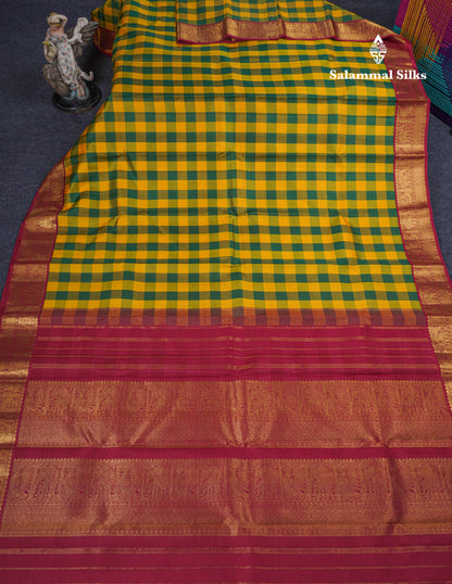 Paalum Pazham Checks Pure Kanjivaram Silk Saree With Contrast Maroon Traditional Border