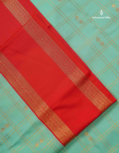 Semi Silk Saree - Peacock Blue Butta With Checks Along With Contrast Chilly Red Traditional Gap Border