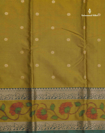 Semi Silk Saree - Olive Green Colour Body Zari Butta With Pochampally Fancy Border
