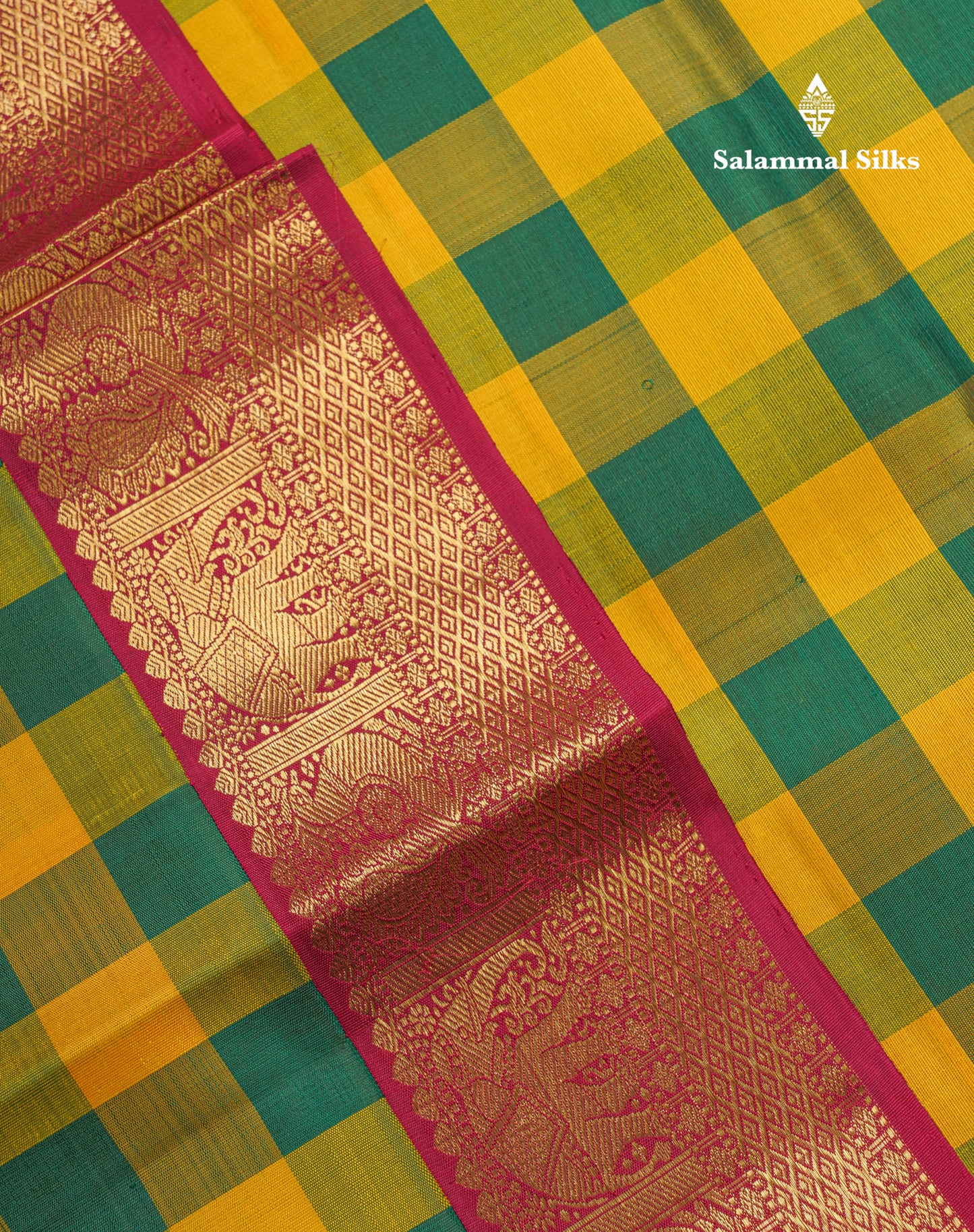 Paalum Pazham Checks Pure Kanjivaram Silk Saree With Contrast Maroon Traditional Border