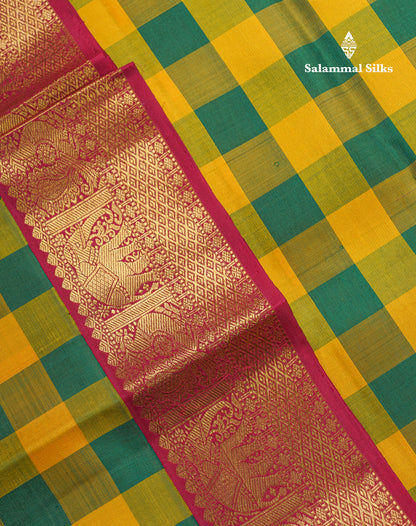 Paalum Pazham Checks Pure Kanjivaram Silk Saree With Contrast Maroon Traditional Border
