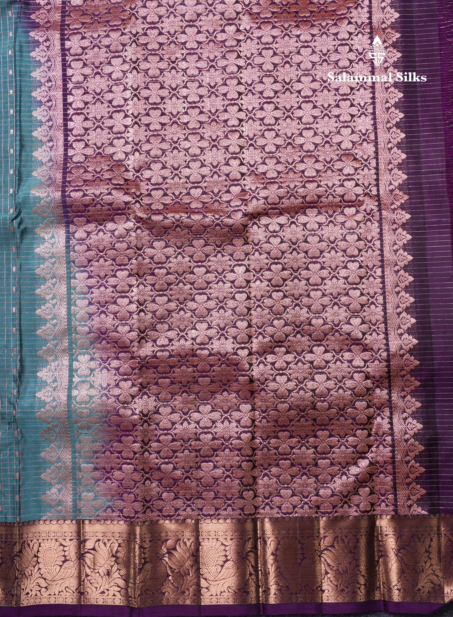 Rama Blue Small Checks Pure Silk Mix Saree With Contrast Purple Border
