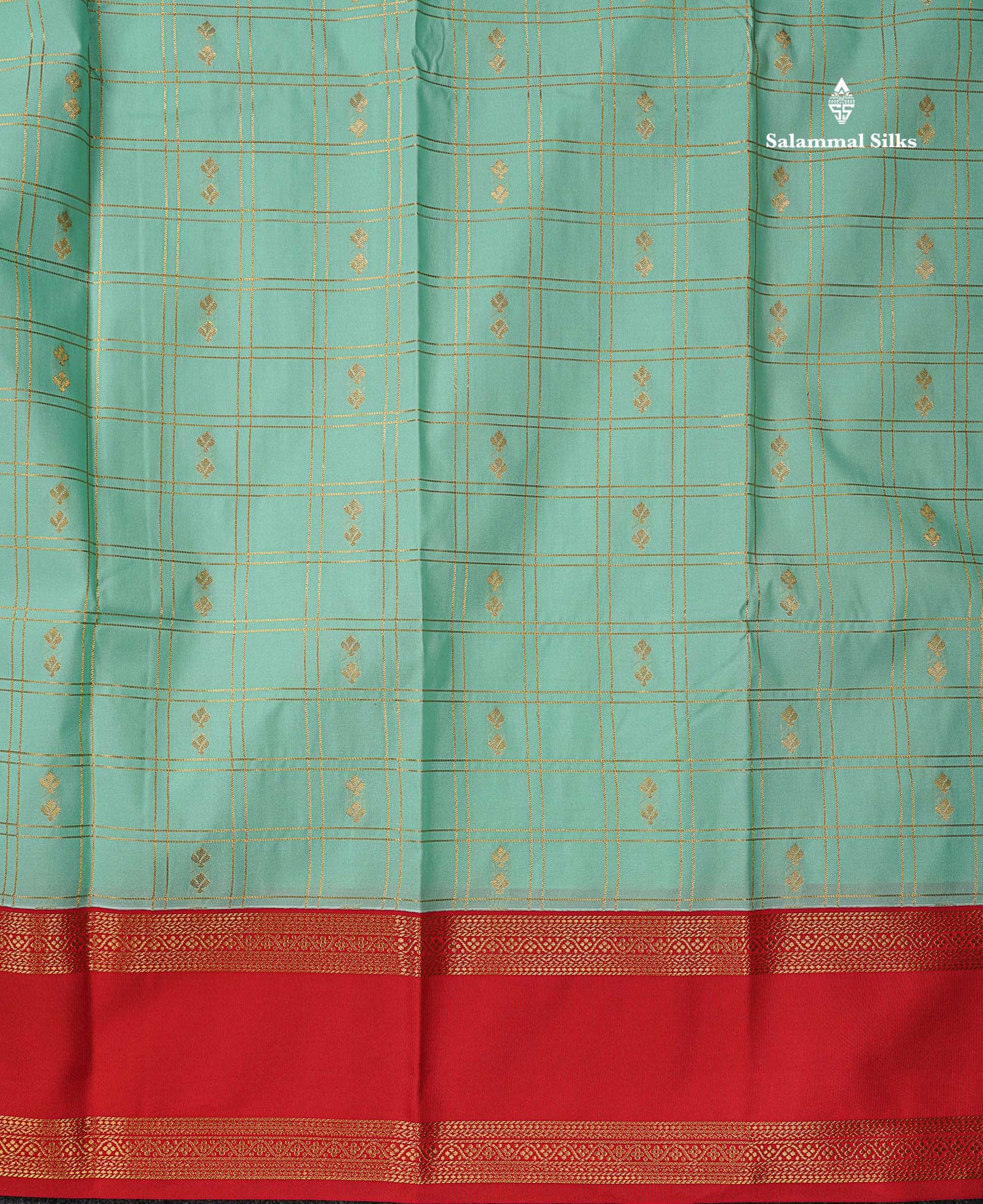 Semi Silk Saree - Peacock Blue Butta With Checks Along With Contrast Chilly Red Traditional Gap Border