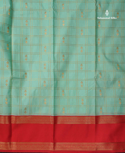 Semi Silk Saree - Peacock Blue Butta With Checks Along With Contrast Chilly Red Traditional Gap Border