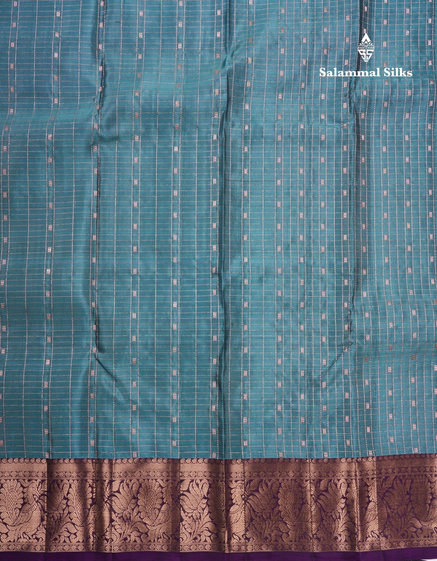 Rama Blue Small Checks Pure Silk Mix Saree With Contrast Purple Border