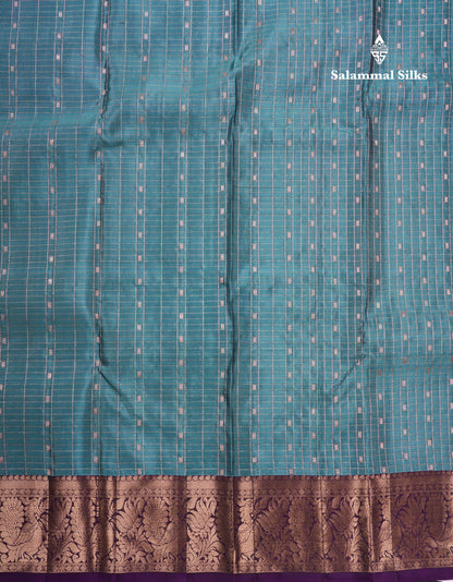 Rama Blue Small Checks Pure Silk Mix Saree With Contrast Purple Border