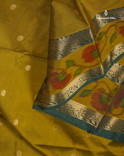 Semi Silk Saree - Olive Green Colour Body Zari Butta With Pochampally Fancy Border
