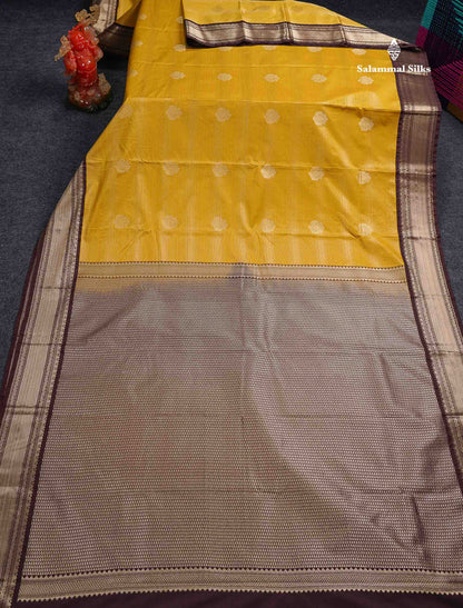 Semi Silk Saree - Yellow Butta With Vaira Oosi Lines Along With Contrast Brown Traditional Medium Border