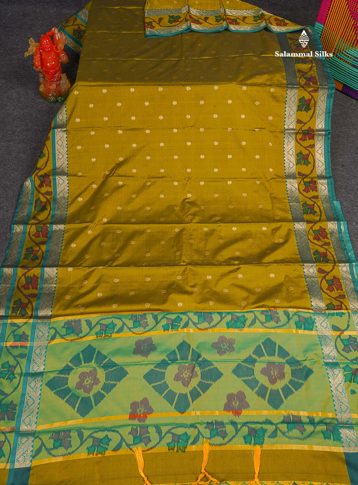 Semi Silk Saree - Olive Mustard Yellow Colour Body Zari Butta With Pochampally Fancy Border 