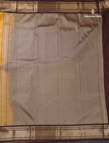 Semi Silk Saree - Yellow Butta With Vaira Oosi Lines Along With Contrast Brown Traditional Medium Border