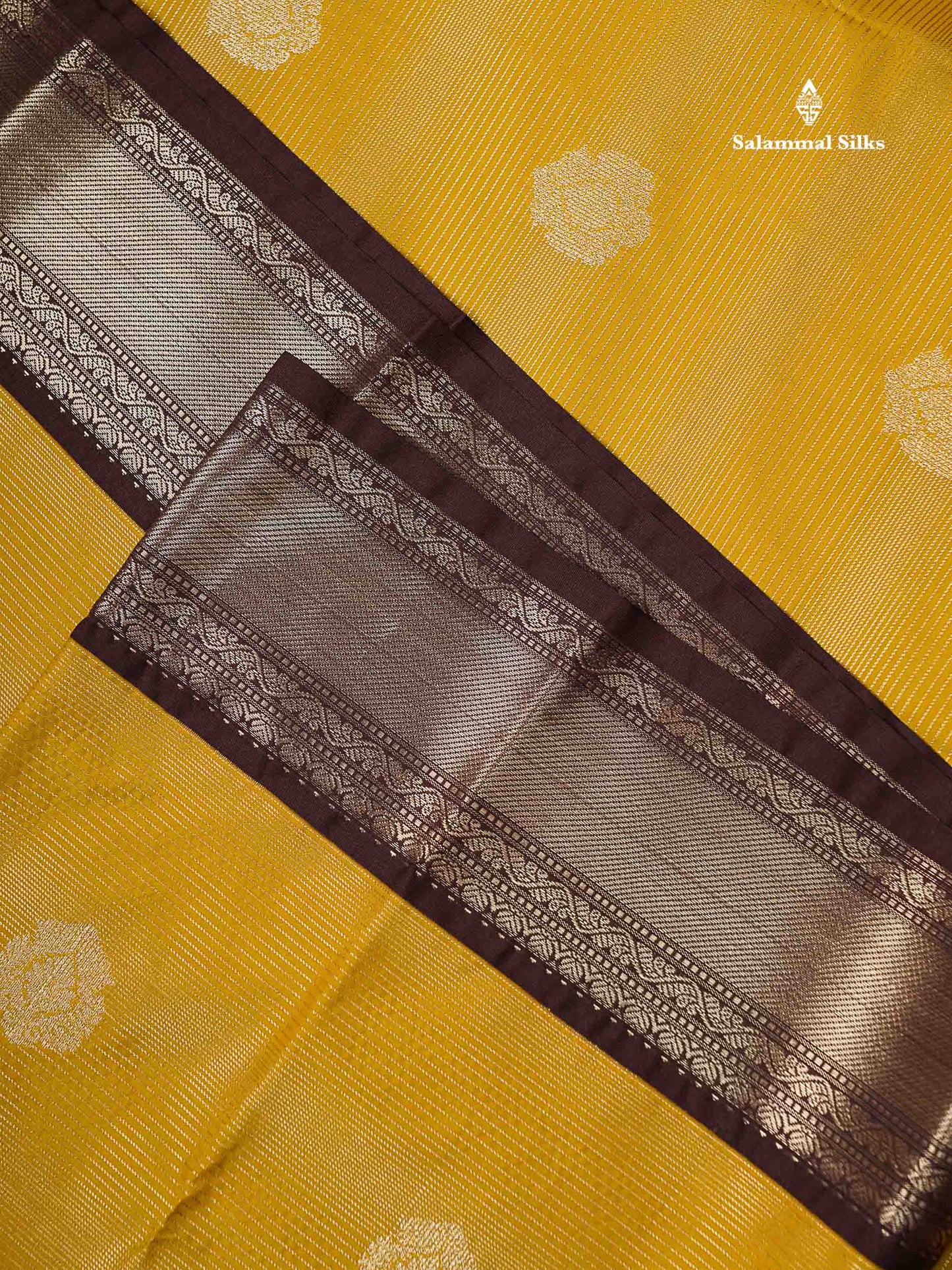 Semi Silk Saree - Yellow Butta With Vaira Oosi Lines Along With Contrast Brown Traditional Medium Border