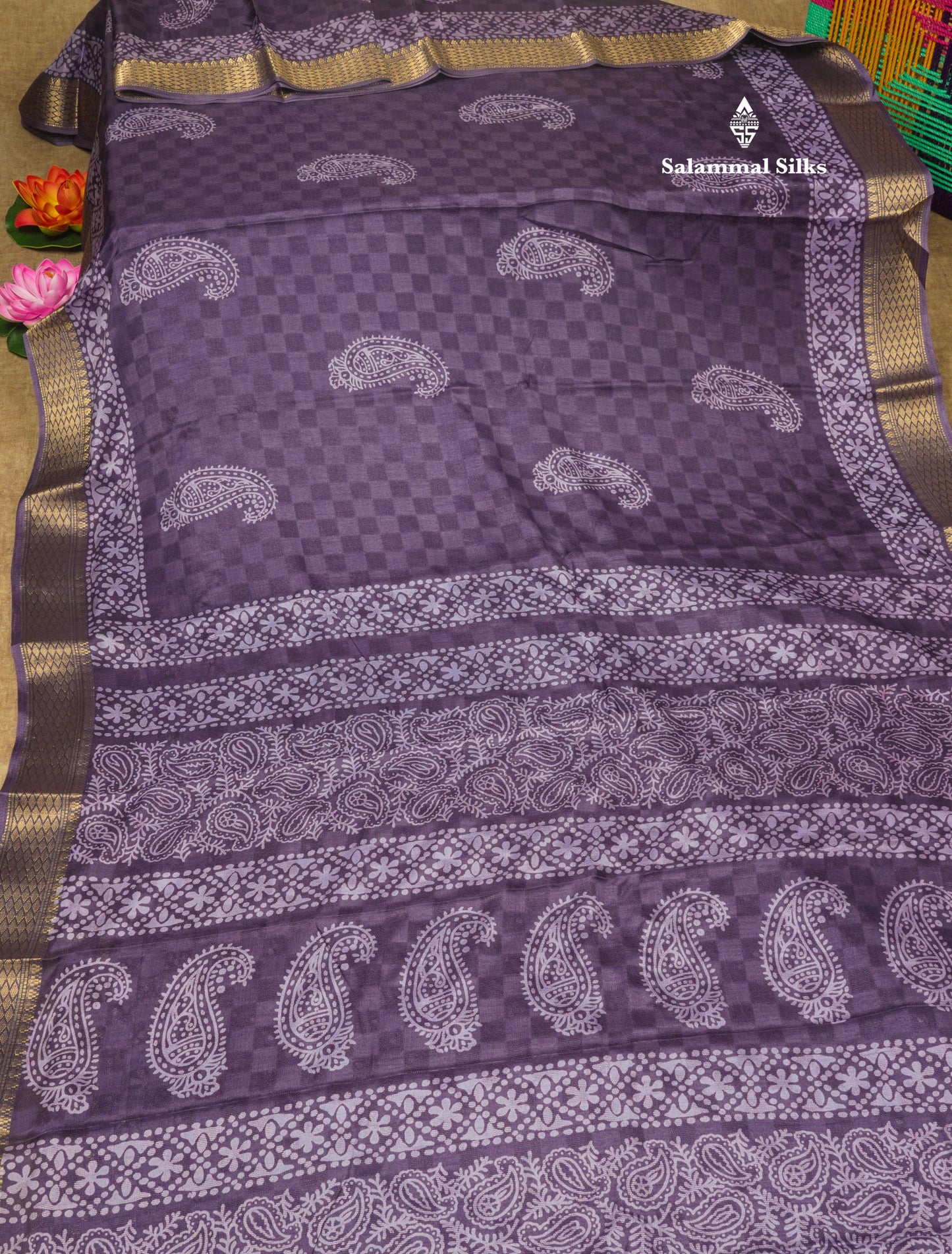 Pastel Violet Semi Dola Fancy Saree Printed Design With Traditional Zari Border