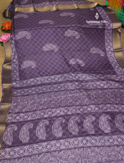 Pastel Violet Semi Dola Fancy Saree Printed Design With Traditional Zari Border