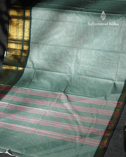 Beautiful Grey Plain Pure Chettinad Cotton Saree With Contrast Bottle Green Traditional Evening Morning Border