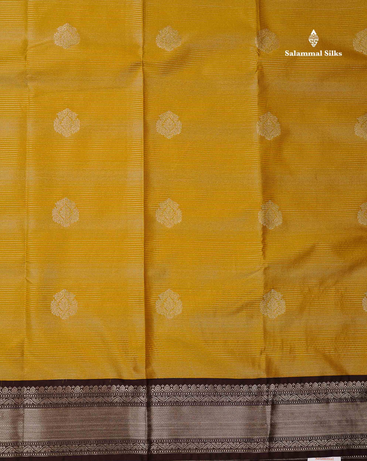 Semi Silk Saree - Yellow Butta With Vaira Oosi Lines Along With Contrast Brown Traditional Medium Border