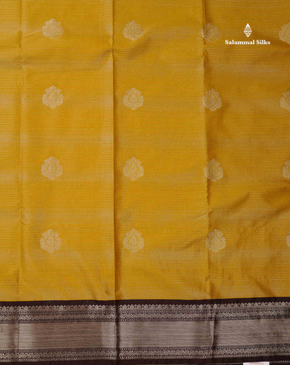 Semi Silk Saree - Yellow Butta With Vaira Oosi Lines Along With Contrast Brown Traditional Medium Border