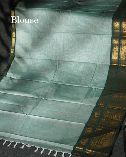 Beautiful Grey Plain Pure Chettinad Cotton Saree With Contrast Bottle Green Traditional Evening Morning Border