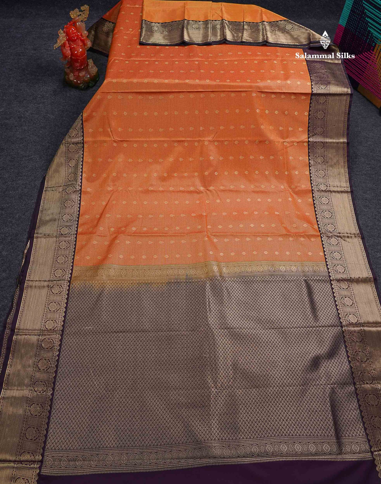 Semi Silk Saree - Orange Butta With Vaira Oosi Tiny Checks Along With Contrast Dark Purple Border