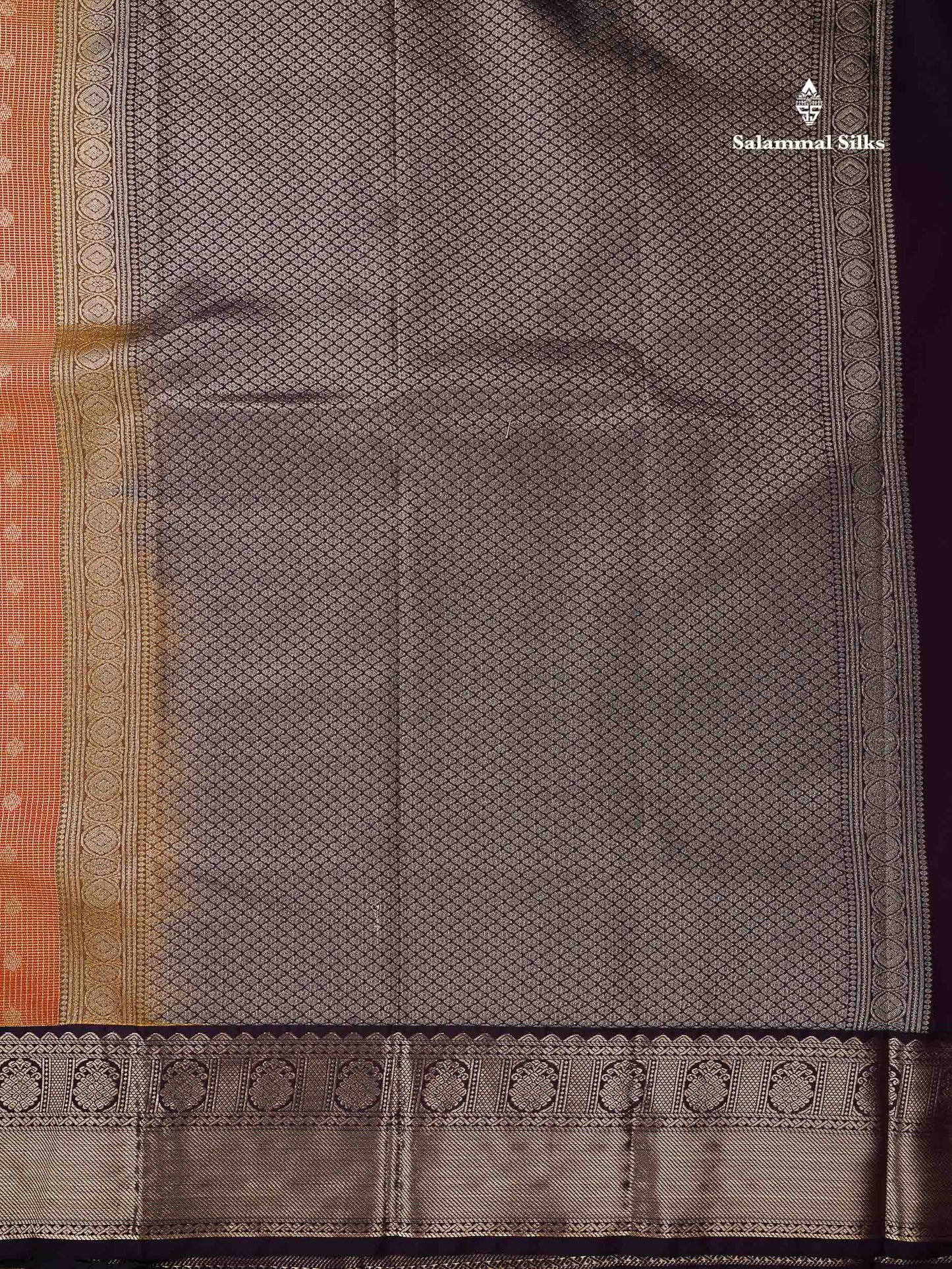 Semi Silk Saree - Orange Butta With Vaira Oosi Tiny Checks Along With Contrast Dark Purple Border