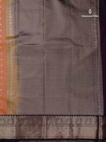 Semi Silk Saree - Orange Butta With Vaira Oosi Tiny Checks Along With Contrast Dark Purple Border